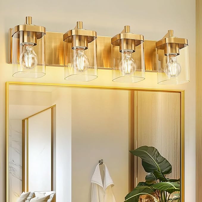 Bathroom Light Fixtures, 25" Brushed Gold Vanity Light, 4-Light Modern Wall Sconces with Square Clear Glass Shade, Vanity Lighting Fixtures Over Mirror, VL194-BG-4