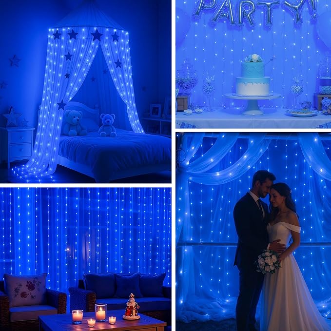 DomeStar 300 LED Fairy Curtain Lights, 9.8ft x 9.8ft Waterproof String Hanging Lights with 8 Modes Remote, Plug‑in Design for Bedroom Patio Garden Party Wedding Wall Ambient Decor (Blue)