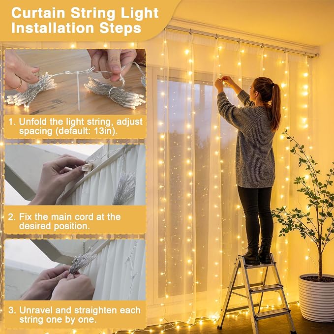 JMEXSUSS 900 LED Outdoor Curtain Lights, 9.5x29.5ft Christmas Lights Plug in with Remote, Twinkle Hanging String Light for Bedroom Wall Wedding Backdrop Window Gazebo Decor, Warm White