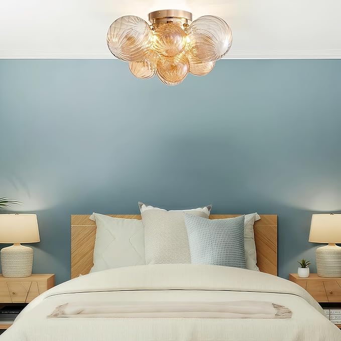 Shrine Lighting Champagne Bubble Glass Ceiling Light, Flush Mount Ceiling Light for Living Room, D18'' x H9'', G9*4 Sockets, Globe Glass Shade & Champagne Finish Frame