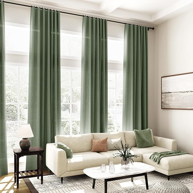Nanspring Olive Green Linen Curtains for Living Room 2 Panels Set 126 Inch Length Back Tab Light Filtering Semi Sheer Curtain Drapes for Bedroom 52x126