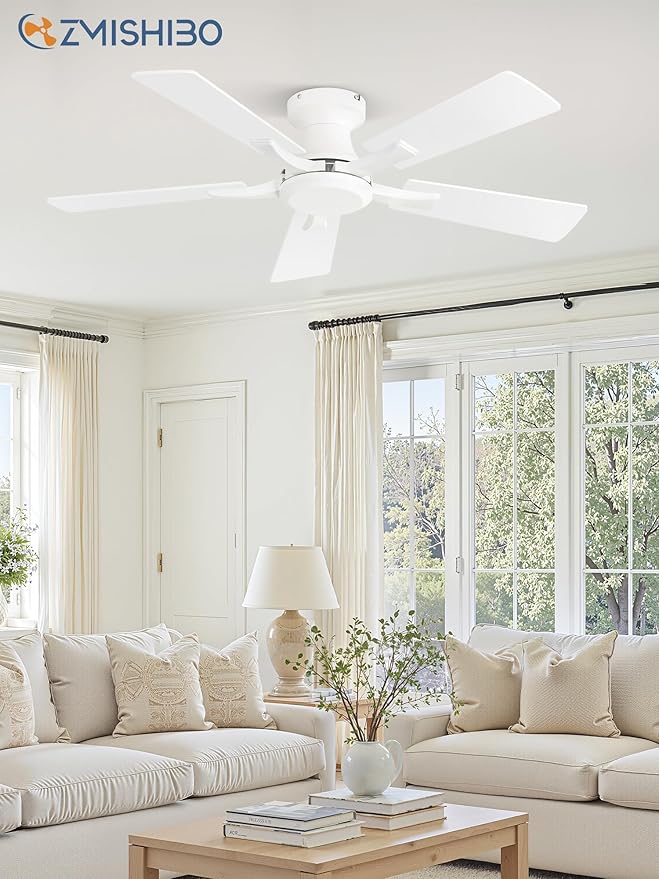 ZMISHIBO 42 Inch Ceiling Fan No Light, Flush Mount Low Profile, Modern White Ceiling Fan Without Light, Remote Control & Quiet DC Motor, for Indoor&Outdoor, Bedroom, Living Room