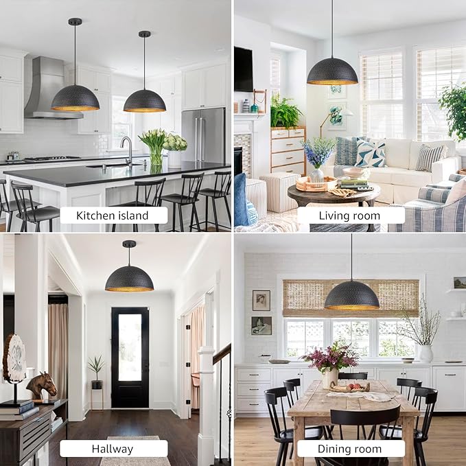 15.7" Farmhouse Pendant Lights Kitchen Island,Black and Silver Hammered Large Industrial Chandelier,Adjustable Metal Dome Pendant Lights for Dining Room,Bedroom,Hallway