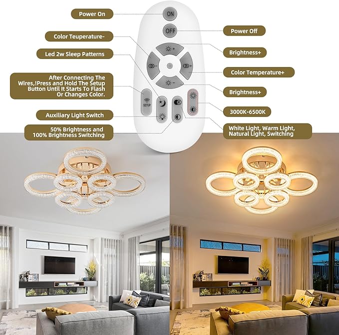 OKELI Modern Ceiling Light, 8 Rings 26.8'' Dimmable LED 106W Flush Mount Ceiling Lights with Remote Acrylic Crystal Round Ceiling Light Fixture, Bedroom Living Room Dining Room, Gold