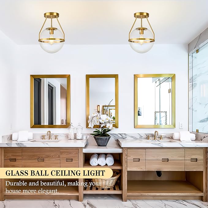 Bagood 10" Semi Flush Mount Ceiling Light with Clear Glass Shade Mid Century Ceiling Light Modern Gold Globe Semi Flush Mount Ceiling Light Fixture for Bedroom Hallway Bathroom Foyer (Bulb Incl.)