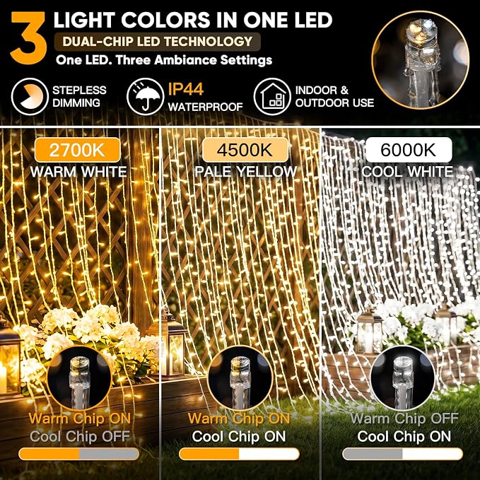 suddus Curtain Lights Outdoor, 450 LED Curtain Lights for Bedroom, Window, Wall, Wedding, Party,Warm White & White