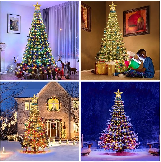 Christmas Tree Lights with Star Topper, 400LED Christmas String Lights with Ring for Tree, 6.6FT x 16 Lines Fairy Lights with 8 Modes Timer Remote for Indoor Outdoor Xmas Tree Decor, Warm White