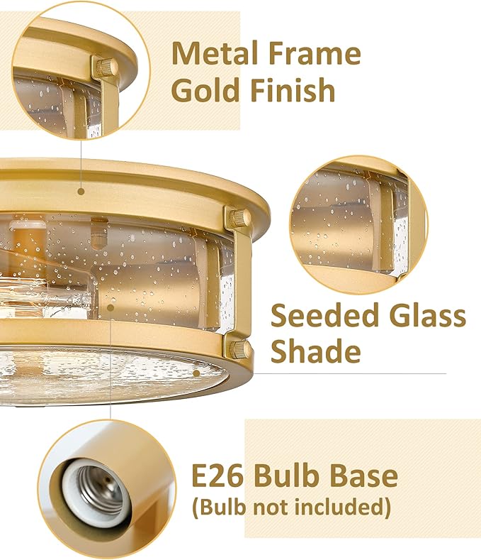 Flush Mount Ceiling Light Fixture, 2 - Lights Farmhouse Ceiling Light, Industrial Seeded Glass Light Fixtures with Metal Cage for Hallway Porch Corridor Kitchen Bathroom Bedroom Passway - Gold