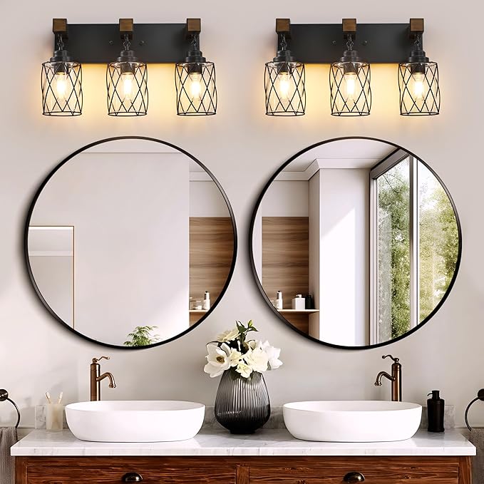 Farmhouse Bathroom Light Fixtures, 3 Light Bathroom Vanity Light with Metal and Glass Lampshade, Wood Rustic Lighting Fixtures Over Mirror, Black Wall Sconces for Living Room, Bedroom