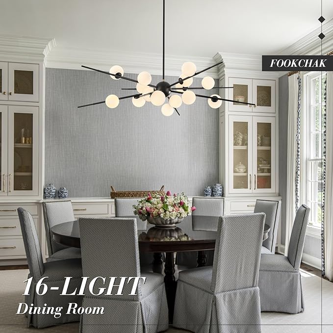 Large Black Sputnik Chandelier 51in 16-Light Frosted Glass Chandelier Light Fixture Mid-Century Modern Molecular Chandeliers for Large Living Room Dining Room Foyer Kitchen Bedroom