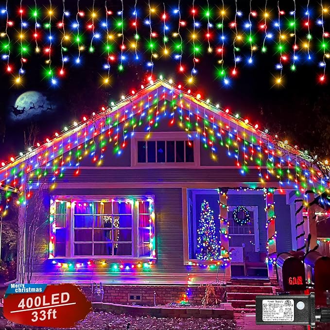 Icicle Lights for Outside - 33FT 400 LED Icicle Christmas Lights Outdoor with 75 Drops 8 Modes, Waterproof Connectable Curtain Hanging Lights for Indoor Patio Eave Roof Party Decorations, Multicolor