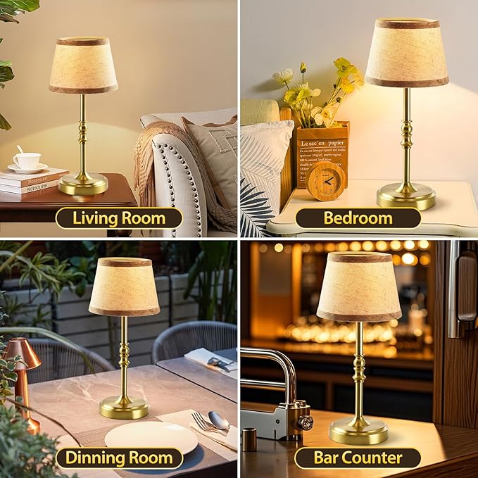 Small Gold Rechargeable Table Lamp,12-14 Inch Tall Vintage Style,Battery Powered Cordless Desk Lamp,Mini Touch Control Bedside Lamp,Warm Light 3000K for Nightstand Bedroom Counter Living Room-1 Pack