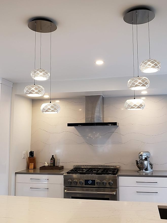 Crust 3 Mini Pendant Lighting White - LED Hanging Light Fixture for Kitchen Island, Bar, Foyer - Cluster Pendants - Dimmable, Adjustable Wire, Lamp Bulb Included