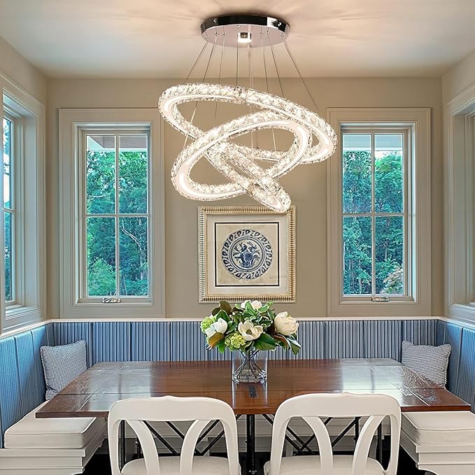 CXGLEAMING Modern Chandeliers Crystal Ceiling Light 3 Rings Dimmable LED Pendant Light Fixture Ceiling Hanging for Living Room Dining Room Bedroom Kitchen 250mm Base 209 Crystals(Dimmable)