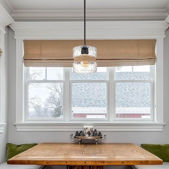 Kira Home Sage 10" Farmhouse Hammered Glass Pendant Light with Natural Rope Accent, Industrial Cylinder Glass Shade Hanging Light, Textured Black Finish