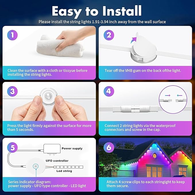 Permanent Outdoor Lights 150ft RGB+IC Outdoor String Lights App Control IP67 Waterproof,100 Scene Modes Home for Christmas,Halloween,Holiday, Daily,Birthday Decor