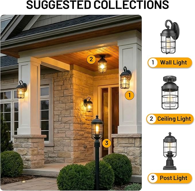 Outdoor Ceiling Lights for Porch with Dusk to Dawn Sensor, Black Outdoor Semi Flush Mount Ceiling Light Fixture with Clear Glass for Front Porch Entryway Patio, Set of 2