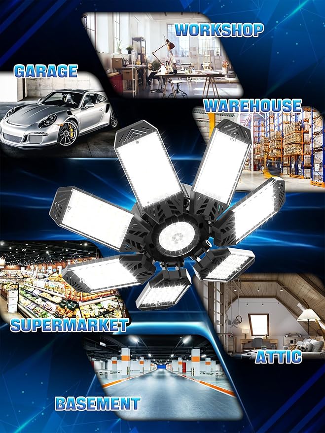 Garage Light 200W, Super Bright 20000LM Garage Lights Ceiling Led with 7 Adjustable Panels 6500K Shop Led Screw in E26/E27 Bulb Socket for Workshop Basement Barn Attic Bay Lighting