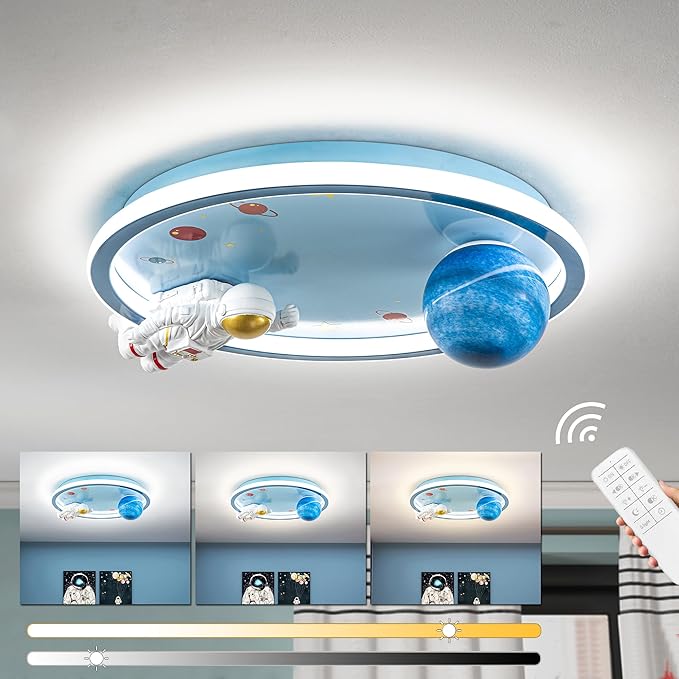 Astronaut Ceiling Light Fixture 20" Dimmable Kids Flush Mount Ceiling Lights for Bedroom LED Chandelier 3000K-6000K with Remote Children Ceiling Lamp for Kitchen,Nursery Room
