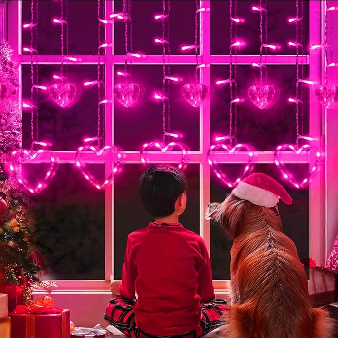 Valentine's Day Decoration, 138 LED Connectable Heart Curtain Lights with 8 Twinkle Modes, Plug in Pink Heart-Shaped Icicle Lights for Indoor Outdoor Garden Party Wedding Valentines Day Decor