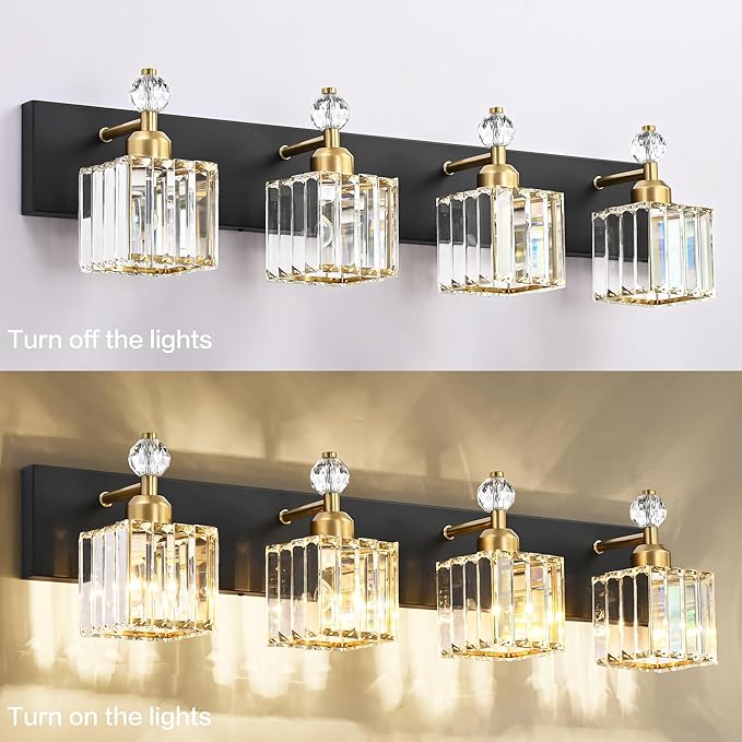 PRESDE 4-Light Crystal Vanity Light for Bathroom Modern Black and Gold Bathroom Lights Fixtures Over Mirror Modern Bath Wall Lighting