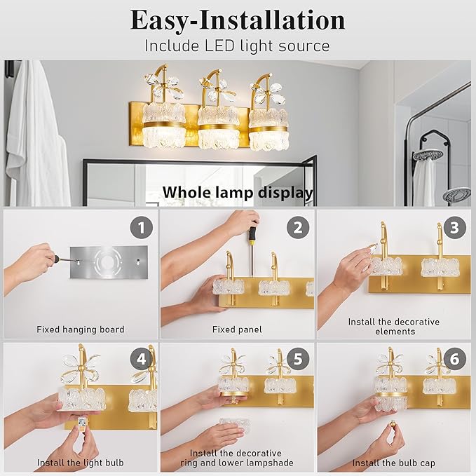 Bathroom Lights Over Mirror - Makeup Lighting Gold - Bathroom Vanity Light with Acrylic Shades for Bath, Makeup Desk, Farmhouse, Hallway, 3-Light