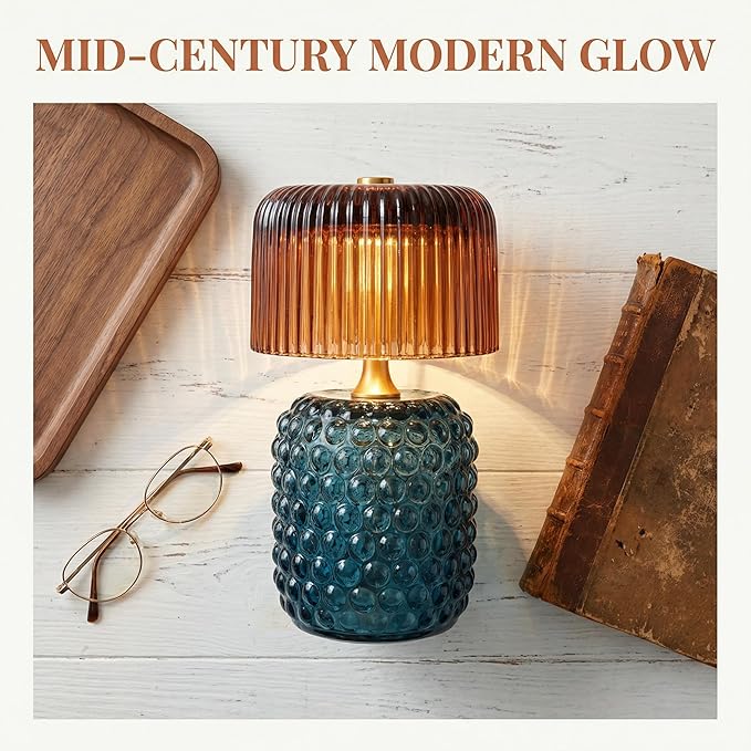Battery Operated Table Lamp with Timer, Cordless Glass LED Night Light, Decorative Small Lamp for Bedroom Nightstand Living Room Entryway Stairway