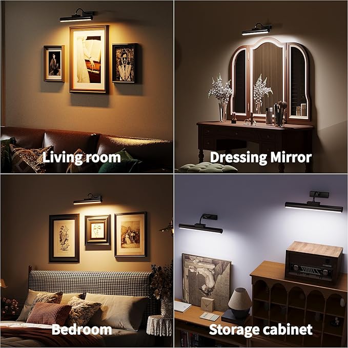 Skairipa Picture Light with Remote, 16in Battery Operated Picture Lights for Wall 5000mAh, 3 Color Modes and Dimmable LED Art Lighting with Timer for Painting, Frame, Gallery (Black-1Pack)