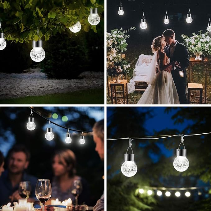 PARTPHONER 32 Pack Hanging Solar Lights Outdoor, Waterproof Solar Globe Lantern with Handle and Clip, Decorative Cracked Glass Ball Lights for Christmas Decor, Tree, Yard, Garden, Patio (Cold White)