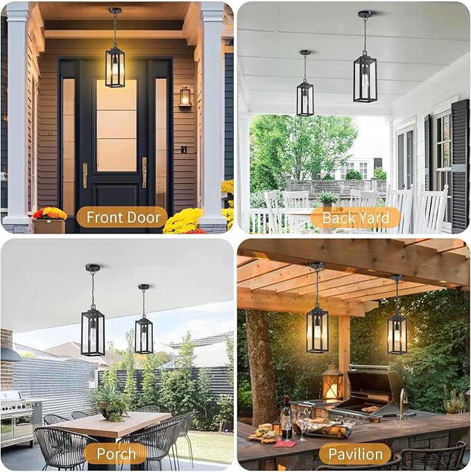 15'' Large Motion Sensor Outdoor Pendant Lights, Dusk to Dawn Modern Outside Chandelier Outdoor Hanging Lantern with Clear Glass, Exterior Pendant Lighting Fixture for Porch, Yard, Black, 1Pack