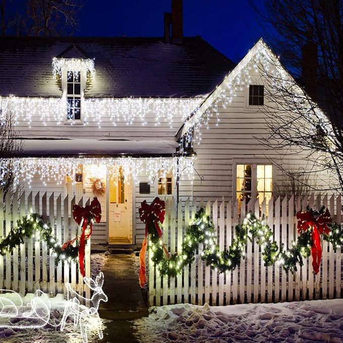 Icicle Lights Outdoor Decorations 300 LED 33ft 8 Modes Curtain Fairy String Light with 50 Drops, LED String Light Indoor for Wedding Party Holiday Christmas Decorations,White