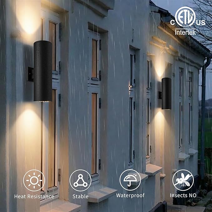 mirrea 18" Modern Outdoor Porch Light Patio Light in 2 Lights with Aluminum Cylinder and Tempered Glass Cover Waterproof Wall Sconce 4 Pack (Matte Black)