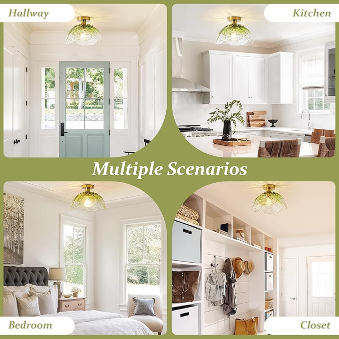 Vintage Semi Flush Mount Ceiling Light,Bronze Ceiling Light Fixtures with Gradient Green Handmade Leaf Glass for Bedroom,Kitchen,Hallway,Entryway