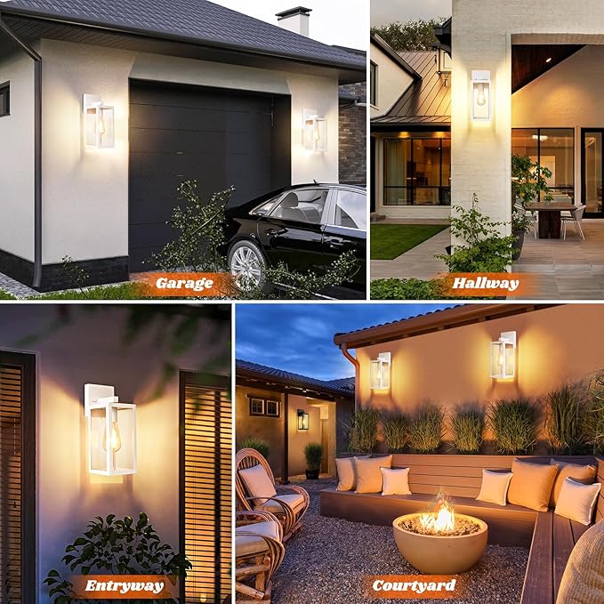 Brightever 2-Pack Outdoor Wall Light Fixtures, Waterproof Anti-Rust Outside Wall Sconce Lantern with Clear Glass, Exterior Front Porch Lights for House Garage Doorway, Bulbs Not Included, White