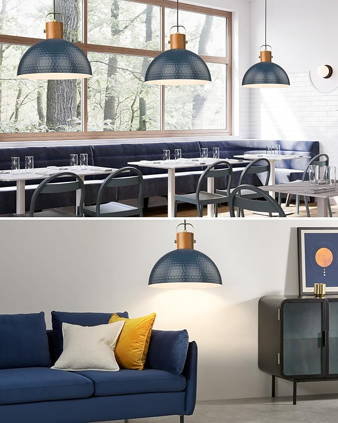 ELYONA 2 Pack Large Ash Wood Pendant Light Fixtures 16 Inch Hammered Metal Dome Hanging Lamp with Brass Handle Chandeliers for Farmhouse Kitchen Island Dining Room Sink Bedroom Hallway, Modern Blue