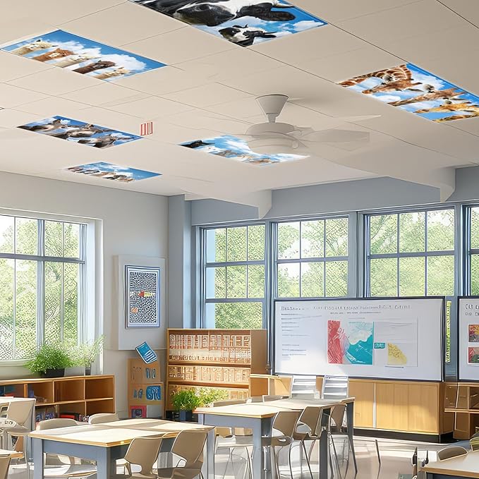 Wiooffen 8Pcs Fluorescent Light Covers with 80 Magnets Decorative for Classroom Ceiling Light 4 x 2 Ft Magnetic Light Cover Filter Easy Install for Office Hospitals & Home Drop Ceiling Supplies (Zoo)