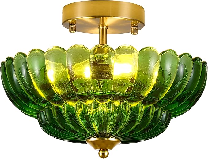 Semi Flush Mount Ceiling Light Green Crystal Glass Fixture - 12" Vintage Gold Close to Ceiling Lamp for Bedroom Hallway Kitchen Entryway, Mid Century Modern Art Deco Lighting (3-Light, E26 Base)