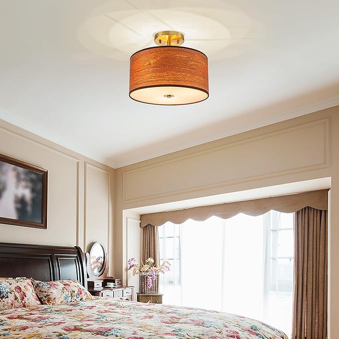 3-Light Solid Wood Drum Ceiling Lights, Farmhouse Style Semi-Flushmount Light Fixture for Dining Room, Living Room, Bedroom, D12 * H10 inch, Solid Wood Lampshade & Gold Finish