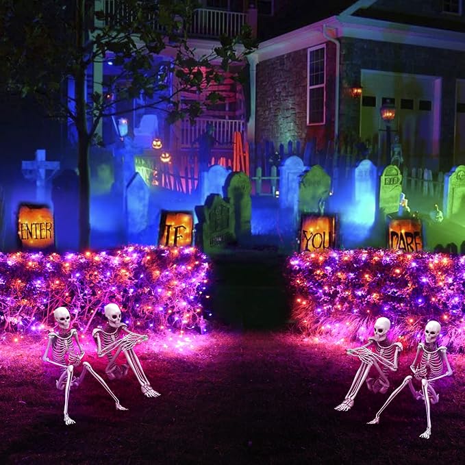 Pooqla 360 LED Halloween Net Lights Outdoor, 21 ft x 5 ft Connectable Mesh String Lights 8 Modes Waterproof Plug in for Halloween Decoration Bushes Yard Garden Party, Orange and Purple