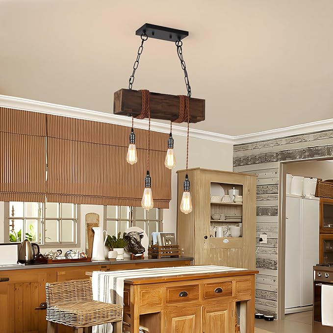 KEESFU 4-Lights Farmhouse Pendant Lights Kitchen Island, Rustic Wooden Ceiling Hanging Light, Height Adjustable, Dining Room Chandelier for Kitchen Island Dining Room Bar Pool Table Cabin.