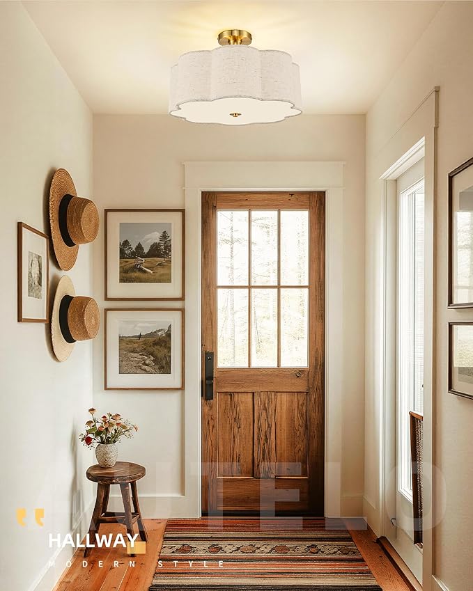 AUTELO 3-Light Bedroom Ceiling Light, 17.7 Inch Brushed Gold Semi Flush Mount Ceiling Light with Flower-Shaped White Fabric, Farmhouse Ceiling Light for Bedroom Hallway, C2507 BGL-8