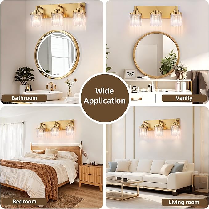 Modern Crystal Bathroom Light Fixtures, 3 Light Gold Vanity Lights, with Crystal Glass Shade, Industrial Bathroom Lighting Fixtures Over Mirror Wall Light for Bedroom Living Room