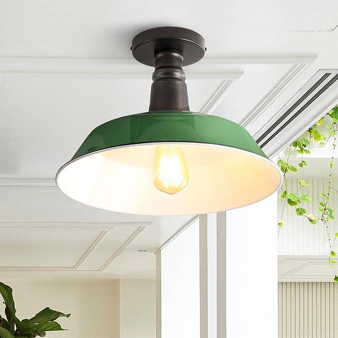 JONATHAN Y 14" Green/Black 1-Light Industrial LED Semi Flush Mount Ceiling Light for Porch, Kitchen, Entryway, Modern Farmhouse Iron Fixture, White Metal Shade, LED Bulb Included (JYL7617F)