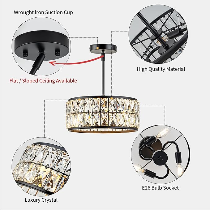 3-Light Crystal Ceiling Light, Modern Semi Flush Mount Ceiling Light, Black Crystal Chandelier for Kitchen Bedroom Bathroom Entryway Hallway