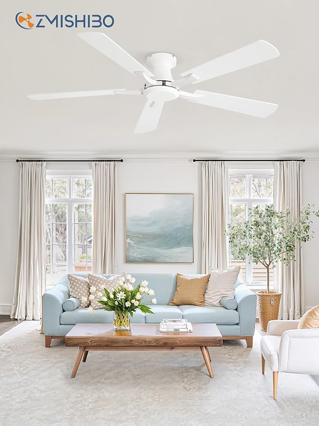 ZMISHIBO 52 Inch Ceiling Fan No Light, Flush Mount Low Profile, Modern White Ceiling Fan Without Light, Remote Control & Quiet DC Motor, for Indoor&Outdoor, Bedroom, Living Room
