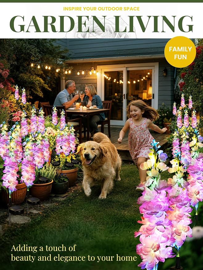 GIGALUMI Solar Lights Outdoor for Garden Decor, 2 Pack Solar Flower Lights Waterproof, 2 Lighting Modes Delphinium for Pathway,Yard, Patio, 4th of July Decoration, Gifts for Women (Pink)
