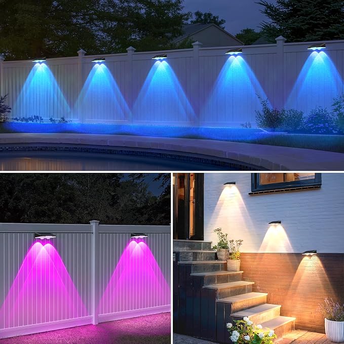 Solar Lights Outdoor 16-Pack, Waterproof Fence Lights Solar Powered with Warm White & 6 RGB Colors & 2 Lighting Modes for Backyard, Deck, Step, Stairs, Balcony, Yard, Patio, Walkway, Pathway
