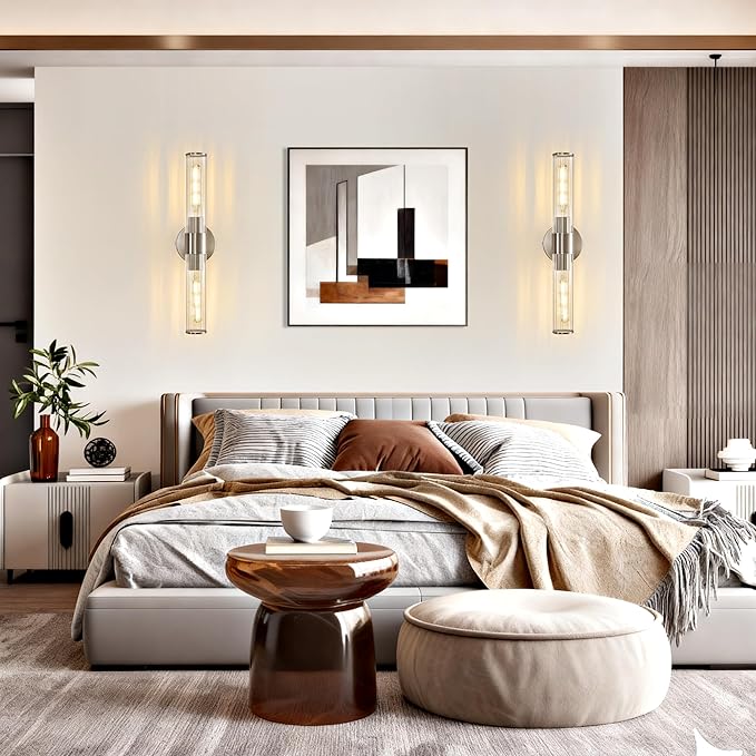 Bathroom Vanity Light Fixtures, Nickel Wall Sconces in Threaded Glass, Modern Wall Light for Bathroom Living Room Bedroom, Hallway