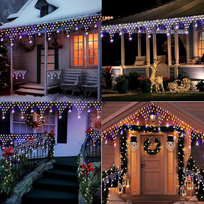DANLI Christmas Lights Outdoor 13.8ft 218 LED Connectable String Lights with 12 Drops, Window Curtain Fairy Light with 8 Modes for Garden Eaves Wedding Party Holiday Christmas Decorations