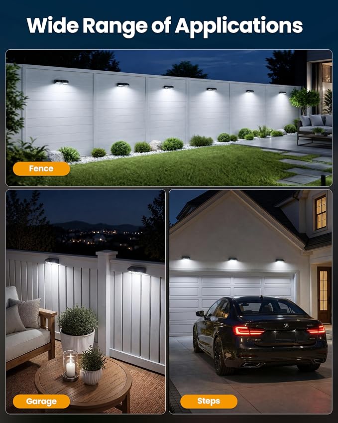 VOLISUN Fence Lights Solar Powered, Motion Sensor Outdoor Lights 160° Wide Angle 16.4FT Detection, IP65 Waterproof, 3 Modes, Dusk to Dawn, 6000K Cool White Solar Fence Lights for Garden Yard 8 Pack